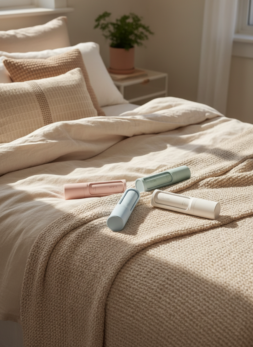 Three Dune rollers in pastel colors on a cream knit bedspread